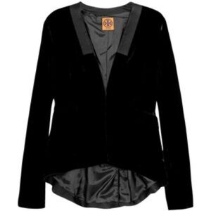 Tory Burch Rodia Grosgrain trim Black Velvet Collarless blazer Flap Pockets 8